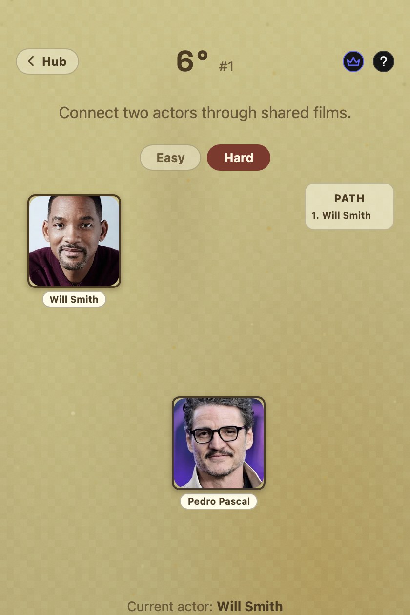CastMe Six Degrees board showing a route-building actor puzzle